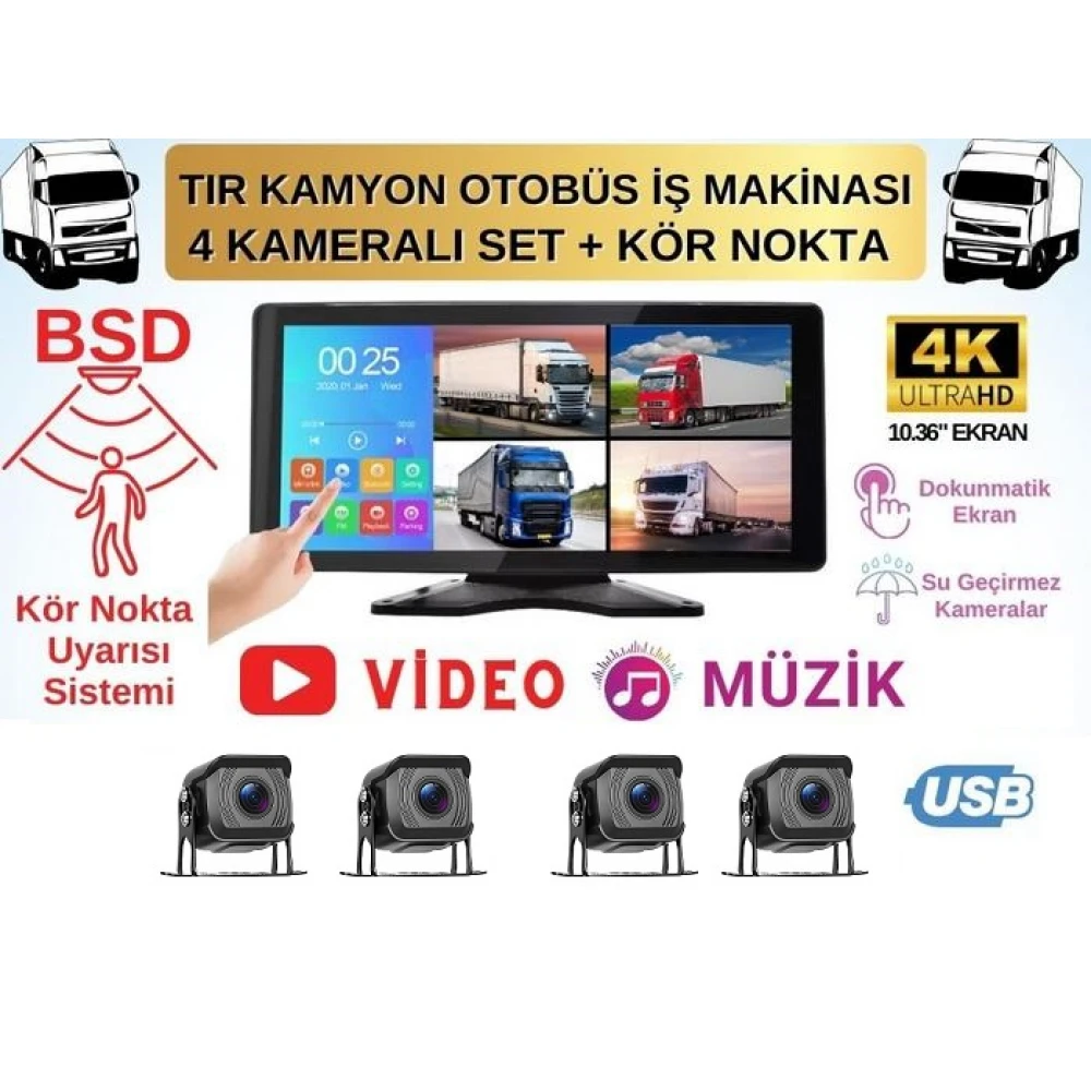 Tır ve Kamyon 10inç Dokunmatik 4 kameralı Kör Nokta Uyarı Sistemli Kamera Seti