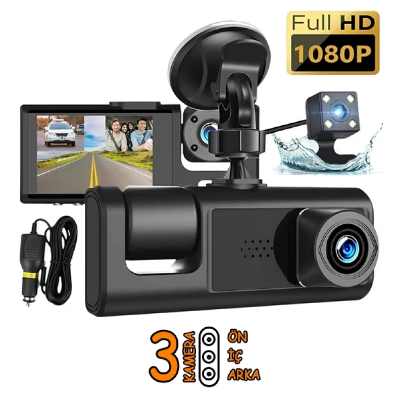 Wifi 3 Kameralı 1080P Super HD 170 Derece Geniş Açı Gece Görüş G Sensörlü Araç Kamerası